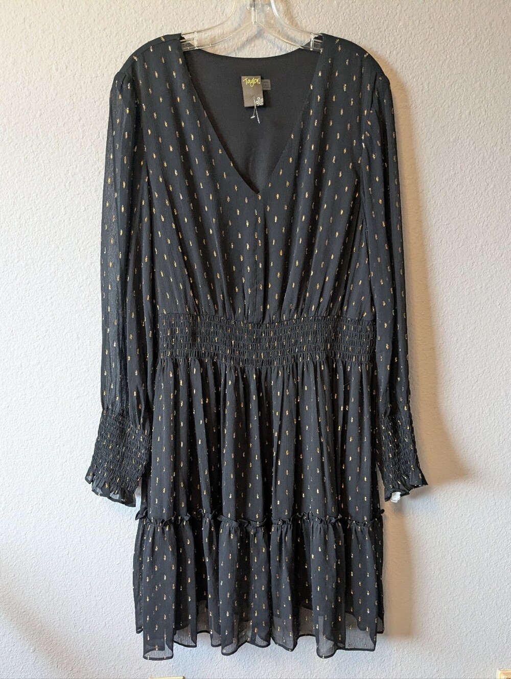 Taylor Black Dress with Gold Dot Print and Smocked Waist